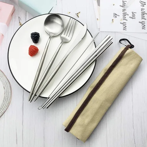 Vista 7 de JASHII El juego de cubiertos de viaje incluye cuchillo reutilizable, tenedor, cuchara, palillos, pajilla, utensilios ecológicos, utensilios