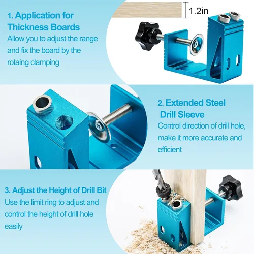 Vista 3 de Kit de plantilla de agujero de bolsillo con brocas para clavijas, tornillos para carpintería, guías de madera, herramienta de ángulo de unión, todo