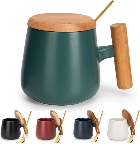 Vista 2 de Taza de café de cerámica, taza de té para la oficina y el hogar, taza de café de 14 onzas con tapa y cuchara, día del padre, regalos de cumpleaños