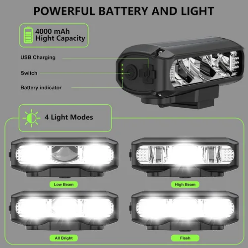 Vista 4 de Luces de bicicleta superbrillantes para conducción nocturna, luz frontal recargable por USB, 4 modos de luz de bicicleta de montaña con función