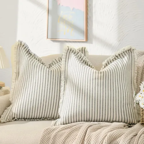 Vista 15 de Fundas de almohada ZWJD de 16 x 16 pulgadas, juego de 2 fundas de almohada a rayas con borlas, fundas de almohada de algodón chic, fundas de cojín