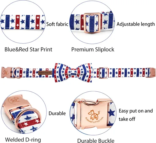 Vista 2 de Elegant little tail Independence - Collar patriótico para mascotas con pajarita para mascotas del 4 de julio de algodón suave para mascotas