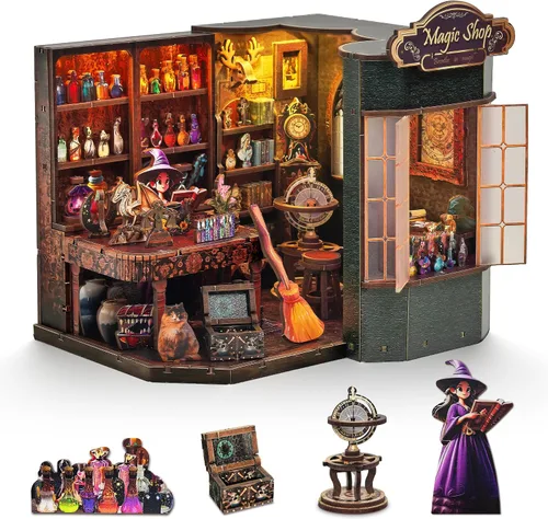 Vista 16 de Kit de rincón de libros, casa en miniatura con luces LED, rompecabezas de madera 3D para adultos, kit de construcción de mini casa de muñecas
