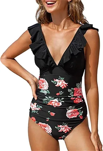 Vista 2 de SNKSDGM Traje de baño de una pieza para mujer, con control de abdomen, cuello halter, espalda en U, traje de baño retro, monokini