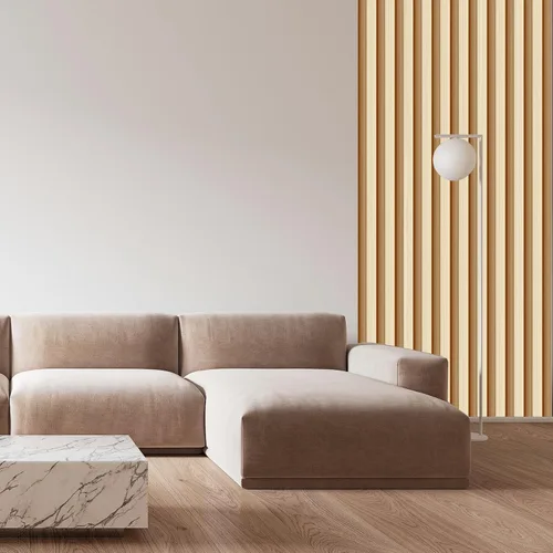Vista 3 de Papel tapiz de listones de madera natural, decoración de pared de Madera natural alterna amarillo y blanco