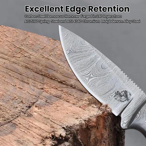 Vista 3 de Knives Ranch BIJOU - Cuchillo de caza EDC hecho a mano, acero de damasco, espiga completa, agarre de asta de ciervo, funda horizontal