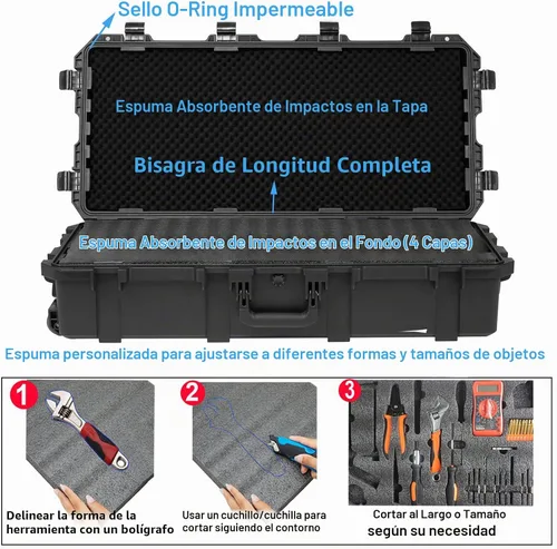 Vista 4 de Regetek Funda impermeable con ruedas de 42 x 20 x 10 pulgadas, con espuma/ruedas/3 asas grandes para cámara, herramienta, equipo, a prueba