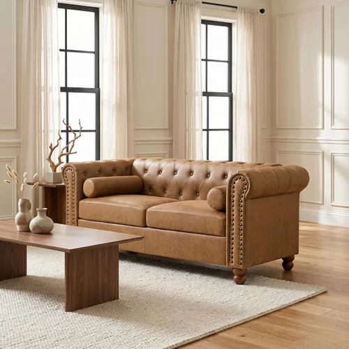 Vista 6 de Sofá de dos plazas de cuero aireado capitonado, sofá de brazo enrollado con adornos de cabeza de clavo y 2 almohadas de cuello enrollado, decoración