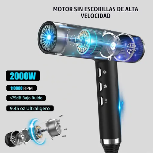 Vista 2 de slopehill Secador de pelo con motor sin escobillas único Diagnóstico inteligente de fallos Microfiltro innovador Tecnología Oxy Active Negro