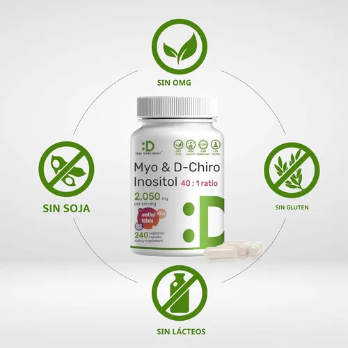 Vista 3 de Suplemento de Myo-Inositol y D-Chiro Inositol para Mujeres (40:1) 2,050 mg por Porción 240 Cápsulas Vegetarianas con Folato, Vitamina D3