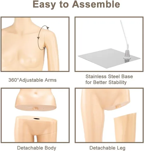 Vista 6 de Bonnlo Maniquí femenino de cuerpo completo, ajustable, forma de maniquí con base de metal, 68 pulgadas, plástico desmontable para exhibiciones