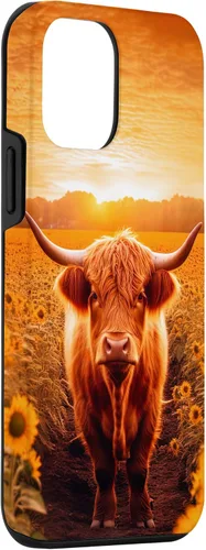 Vista 3 de iPhone 12 mini Estética Scottish Highland Cow In Sunflower Field Sunset Case