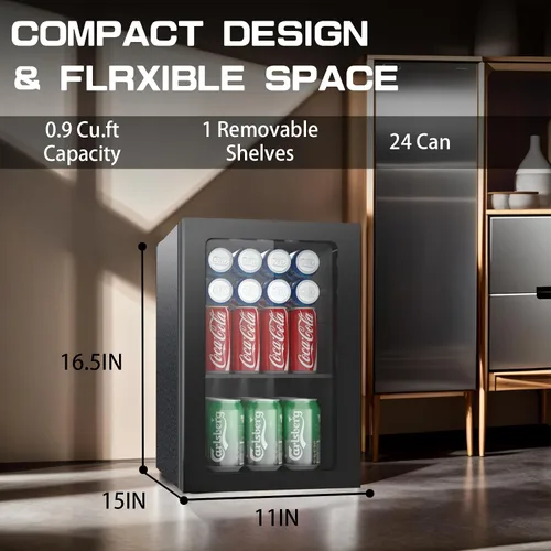 Vista 5 de Erivess - Refrigerador compacto independiente para bebidas, mini refrigerador para 24 latas/0.9 pies cúbicos con puerta frontal de vidrio reversible