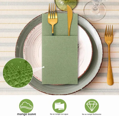 Vista 3 de Seajan 35 servilletas de lino de bolsillo, servilletas desechables de papel airlaid preplegadas con bolsillo integrado para cubiertos para Verde