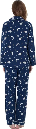 Vista 2 de GLOBAL Conjunto de pijama de franela para mujer, 100% algodón, pijama de manga larga con botones, ropa de descanso cálida