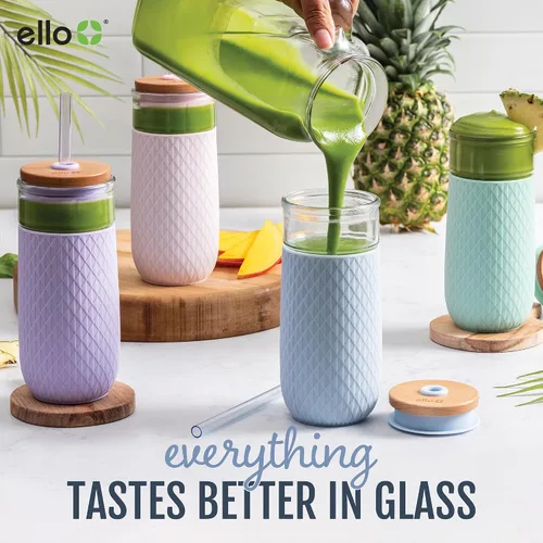 Vista 4 de Ello Devon - Vaso de vidrio con tapa de madera a prueba de salpicaduras y pajita, funda protectora de silicona antitranspirante, perfecto para Coral