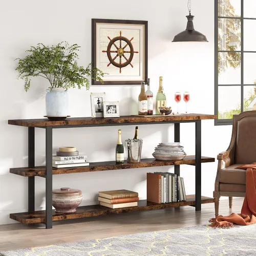 Vista 6 de VANOMi Mesa consola extra larga de 70.8 pulgadas para entrada, mesa de pasillo estrecha, mesa de sofá de madera con estantes de almacenamiento de 3