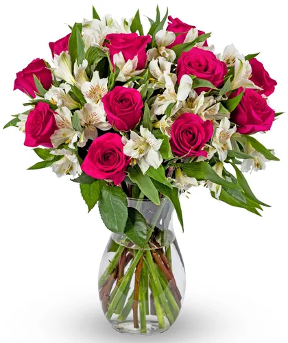 Vista 10 de Benchmark Bouquets - Rosas clásicas y alstroemeria (jarrón de cristal incluido) - Flores frescas para entrega al día siguiente - Regalo