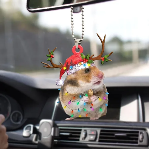 Vista 6 de Talataca Hámster con sombrero de Navidad, reno con cadena de luces 2D plano para espejo retrovisor para automóvil, accesorios para el árbol
