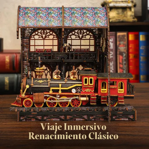 Vista 5 de Kit de rincón de libro, kit de casa en miniatura para adultos, rompecabezas LED 3D estación mágica, kit de rincón de libros, fabricado en madera