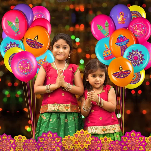 Vista 6 de Zomiboo 45 piezas de decoraciones de fiesta Happy Diwali Rangoli, globos de látex, festival colgante para pared de techo del hogar, suministros
