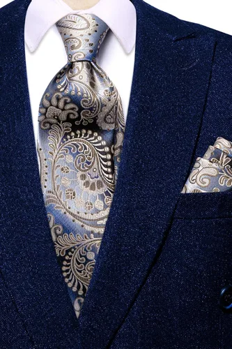 Vista 76 de Hi-Tie Corbatas de seda para hombre, diseño de cachemira a rayas, con bolsillo, gemelos cuadrados, conjunto formal de negocios