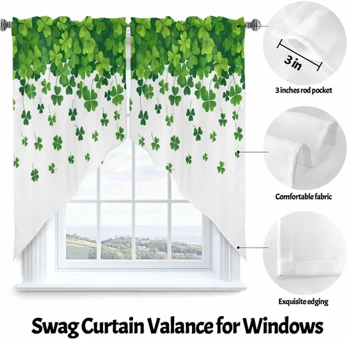 Vista 3 de Juego de Cortinas de Cocina del Día de San Patricio Trébol de la Suerte Shamrock Juego de Cenefa de Ventana, Cortinas con Bolsillo para Barra
