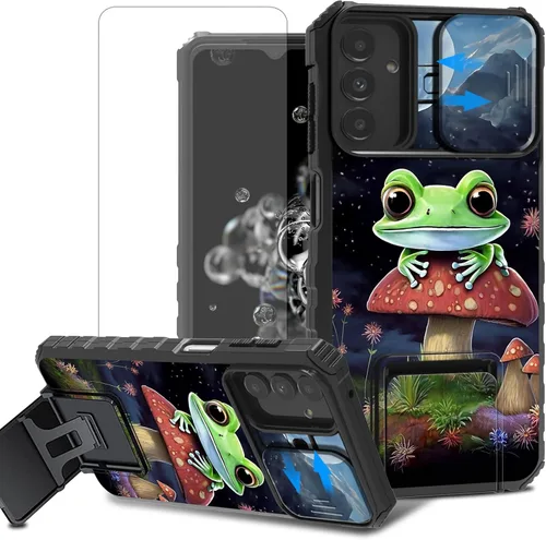 Vista 45 de Funda para teléfono Samsung Galaxy A15 5G con protector de pantalla con cubierta deslizante para cámara y soporte de doble capa híbrida resistente a