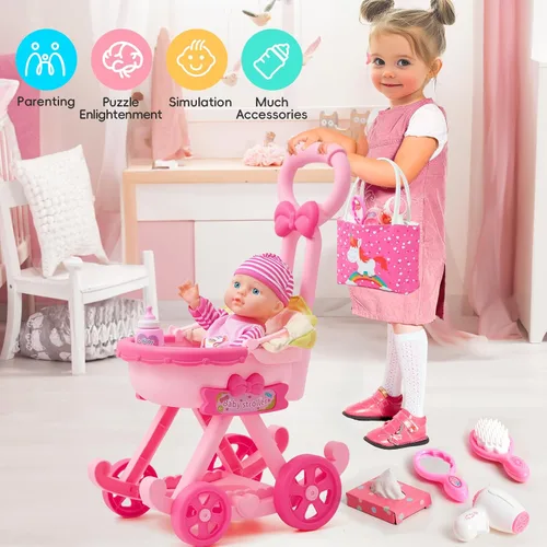 Vista 2 de Golray Juego de cochecito de bebé para niña con muñeca de bebé de 12 pulgadas y 17 piezas de accesorios para muñecas de bebé, bolso/ropa, sombrilla