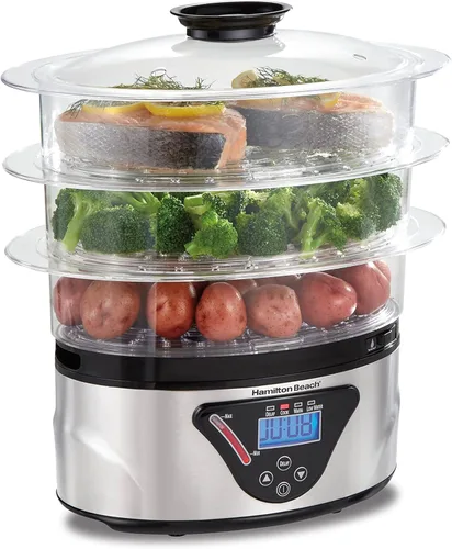 Vista 11 de Hamilton Beach - Vaporizador de alimentos eléctrico digital y arrocera para cocina rápida y saludable de verduras y mariscos, tazones apilables