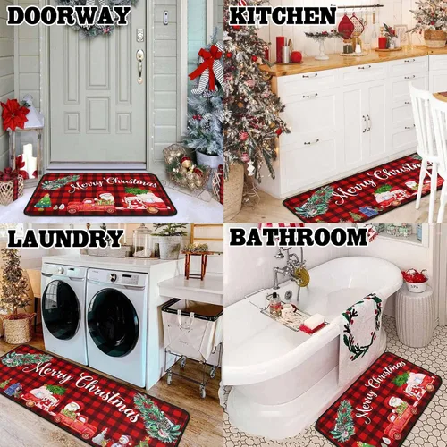 Vista 6 de 2 piezas de alfombras y tapetes de cocina de Navidad para el suelo con respaldo antideslizante, decoración de cocina de Navidad feliz, juego