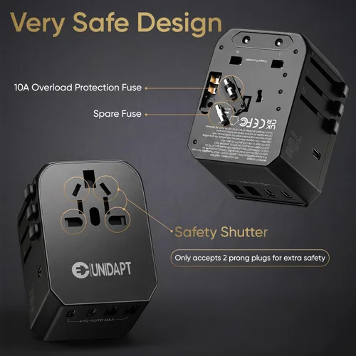 Vista 5 de Unidapt Adaptador de viaje universal, adaptador de enchufe internacional de 70W con 3 USB-C PD de carga rápida y 2 USB-A de carga rápida, adaptador