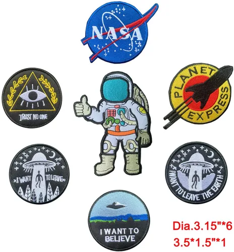 Vista 2 de 7 piezas de parche temático espacial NASAI Want to Leave the EarthTrust No OneI Want to BelieveI want to LeavePlanet ExpressAstronauta bordado