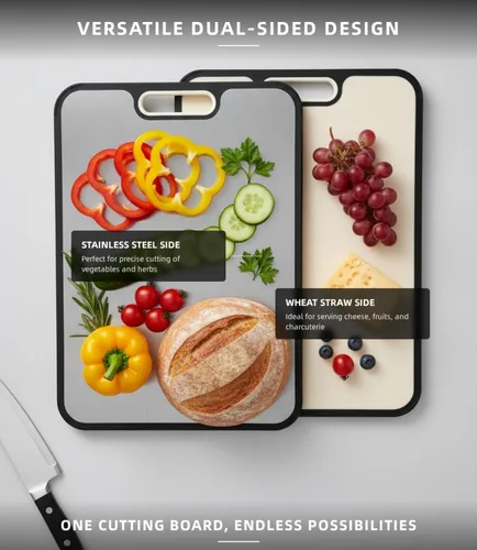 Vista 2 de Tabla de cortar de acero inoxidable para cocina, tabla de cortar de doble cara, acero inoxidable puro de grado alimenticio y paja de trigo PP, fácil