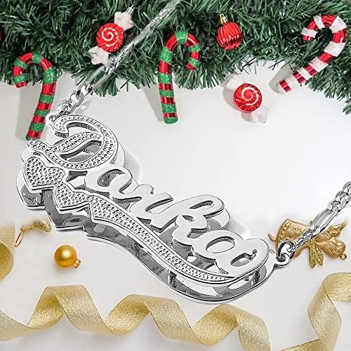 Vista 5 de Drawelry Collar con nombre personalizado de dos tonos con placa de oro de 18 quilates, chapado en doble corazón, placa con dije de placa de nombre