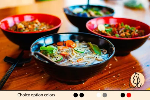 Vista 4 de Juego de 4 cuencos de ramen, 12 piezas Pho. Sopa japonesa asiática negra. Utensilio: cucharas y palillos. Melamina. Fideos grandes de 37 oz, arroz