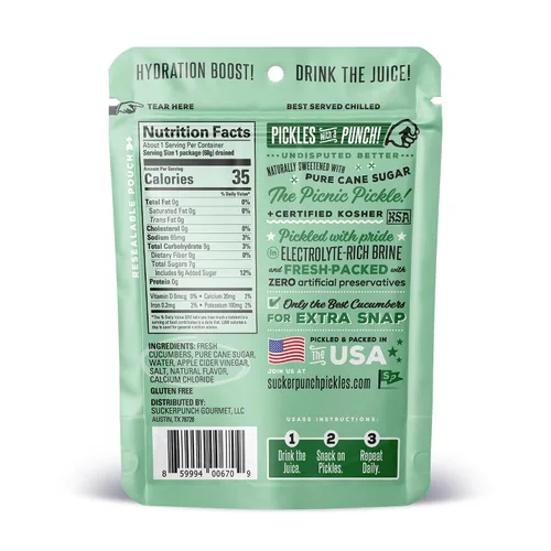 Vista 2 de SuckerPunch Encurtidos en una bolsa, sin gluten, kosher, sin azúcar, bajo en calorías, keto, vegano, sin OMG, listo para comer, para llevar, bolsas