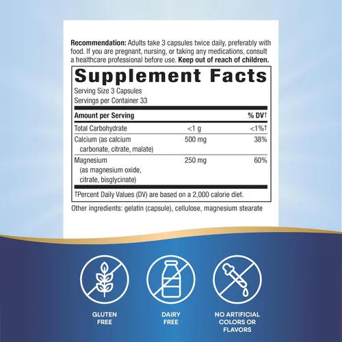 Vista 5 de Nature's Way Complejo mineral de calcio y magnesio, apoya la salud ósea y la función muscular,* 750 mg por porción de 3 cápsulas, 100 cápsulas