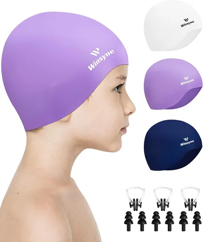 Vista 10 de 3 Pack Kids Swim Cap for Boys Girls, Unisex Silicone Swimming Caps for 3-15 Toddler Children Teen, Waterproof Bathing Caps for Short/Long Hair to