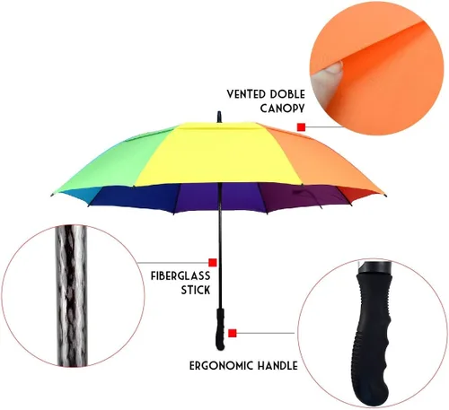 Vista 2 de Doble dosel ventilado a prueba de viento plegable portátil de viaje multicolor paraguas - arco iris