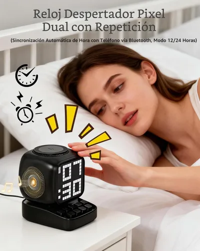 Vista 7 de Altavoz Bluetooth 5 en 1 de robot retro: cargador inalámbrico de 15 W, pantalla LED de píxeles, sonido estéreo de 10 W y 15 ruido blanco, reloj Negro