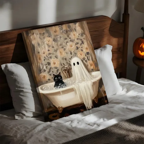 Vista 7 de Obras de arte en lienzo de fantasmas de Halloween para baño, decoración de pared con fantasmas de terror y lindo gato negro en la bañera, pinturas