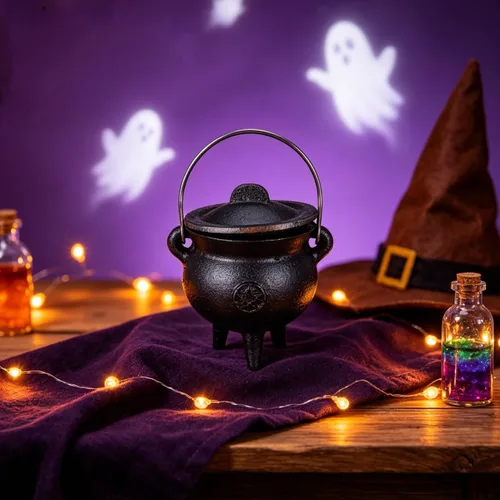 Vista 2 de DOITOOL Caldero de hierro fundido con tapa y asa, caldero de bruja de Halloween, olla de bruja negra para manchar, quemar incienso, decoración