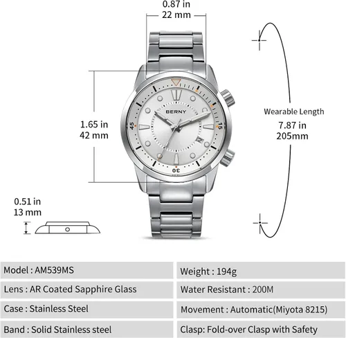 Vista 6 de BERNY Dive Watch for Men 20ATM Waterproof