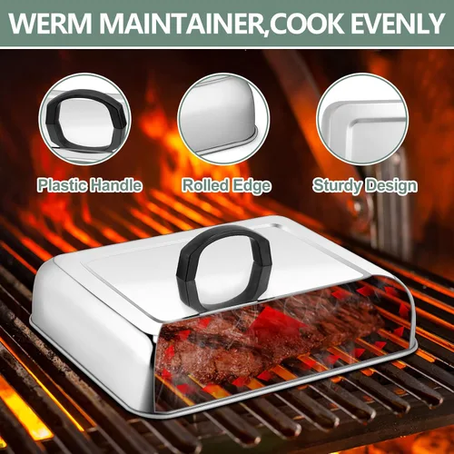 Vista 5 de Leonyo - Paquete de 2 cúpula de fusión resistente para plancha, cubierta rectangular de acero inoxidable de 13 pulgadas, tapa de vapor para parrilla