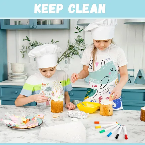 Vista 6 de Pllieay 52 delantales para niños, delantales blancos para niños con bolígrafo de colores y plantillas de diario para pintura, cocina, cocina