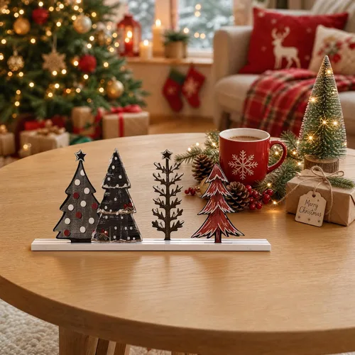 Vista 5 de Decoración de mesa de Navidad con sonrisa, centros de mesa de pie, 4 piezas de señales de árboles de Navidad en madera, decoración para estante.