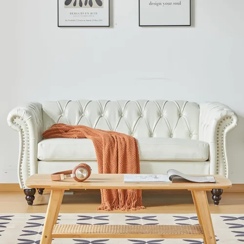 Vista 12 de LEVNARY Sillón Tapizado en Cuero, Silla Sofá Individual Estilo Mediados de Siglo Moderno con Brazos Curvos y Tachuelas, Silla Chesterfield de Cuero