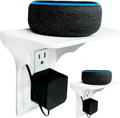 Vista 4 de Power Perch - Estante de doble pared con correa de almacenamiento de cable, despeja y recupera el espacio de la encimera del baño, soporte Alexa