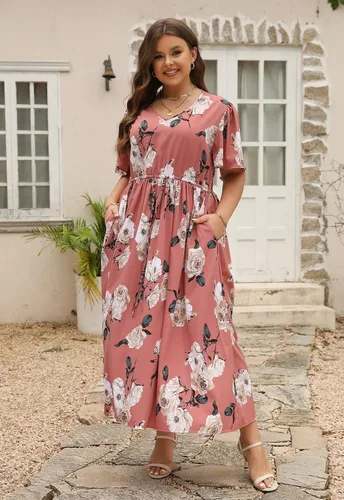 Vista 3 de Nemidor NEM420 - Vestido largo acampanado para mujer, talla grande, estampado floral, estilo bohemio, con bolsillo